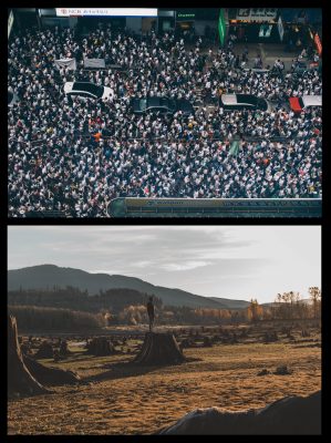 An image of a densely populated street juxtaposed with a deforested area and a single person