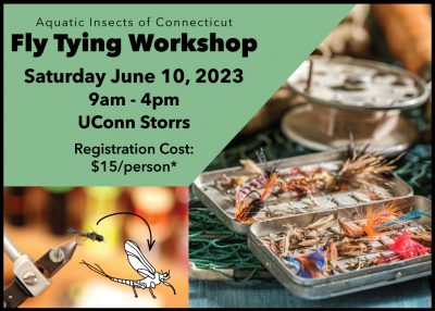 Graphic showing the tools needed for tying flies for fly fishing to advertise a museum workshop